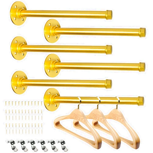Pintuson 6 Pcs Industrial Pipe Clothes Bar 12 Inch - Wall Mount Clothing Rack - Face Out Closet Rods for Hanging Clothes Commercial Retail Boutique Laundry Shirt Display - Golden