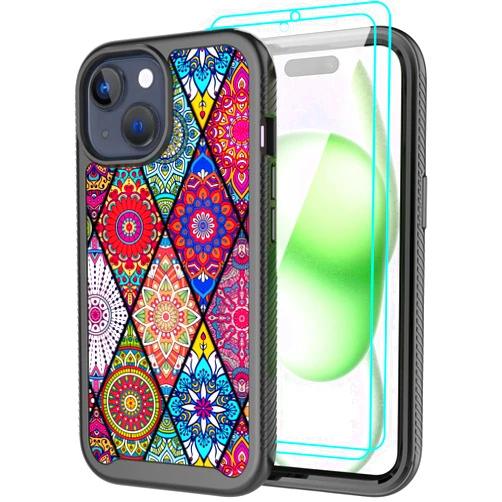 LEXNEC Design for Apple IPhone 15 Plus Case with [2 Pack] Tempered Glass Screen Protector,IPhone 15 Plus Case Cover Armor Protective Girls Women Men Boys Flower Bumper (6.7
