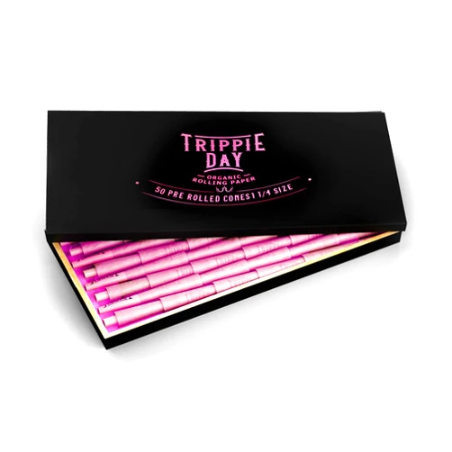 Trippie Day Pink 1/4 Size Pre Rolled Cones in a Box | 50 Pack | Vegan & Non GMO | Includes 10 Packing Sticks | Pink 84mm