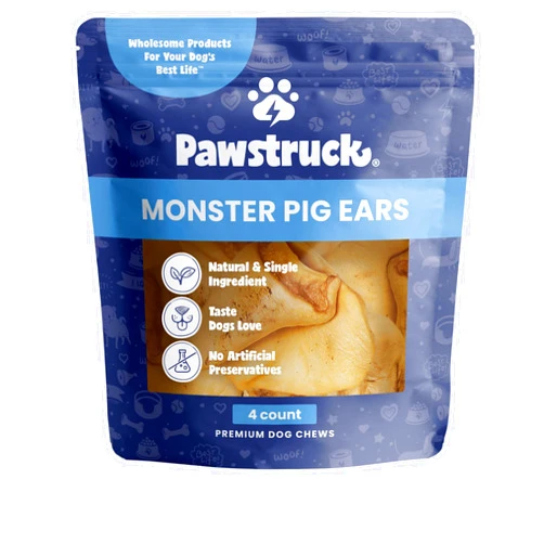 Pawstruck Natural Monster Pig Ears for Dogs - Premium Slow Roasted Puffed Pork Chew Treats for Large & Medium Breeds - Single Ingredient 100% Digestible Rawhide Free - 4 Count - Packaging May Vary