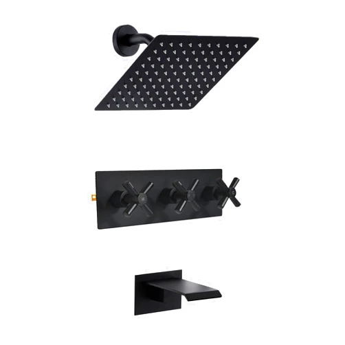 SUBEIXI 3 Handle Tub Shower Faucet, Matte Black Three Handle Shower Faucet Set with Waterfall Tub Spout and 8