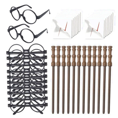 YoHold Wizard Party Supplies Set - Wand Pencils,Wizard Glasses with Round Frame No Lenses,Lightning Bolt Scar Temporary Tattoo for Magic Birthday Party Favors,School Reward,Halloween Decor,12pcs each