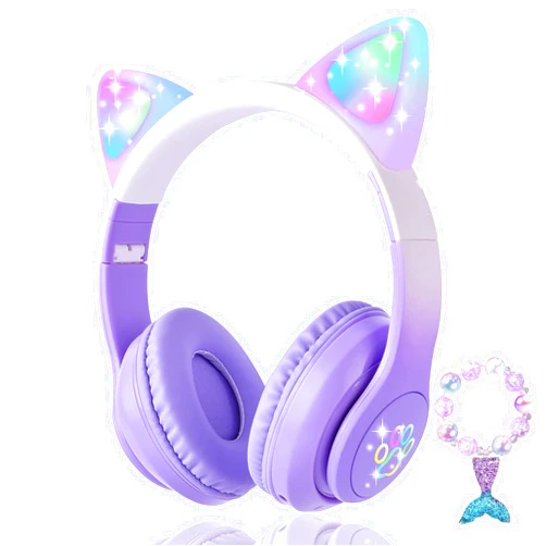 KORABA Cat Ear Kids Headphones Bluetooth, LED Light up Wireless/Wired Mode Over Ear Headphones with Build in Microphone for School/Travel (Purple)