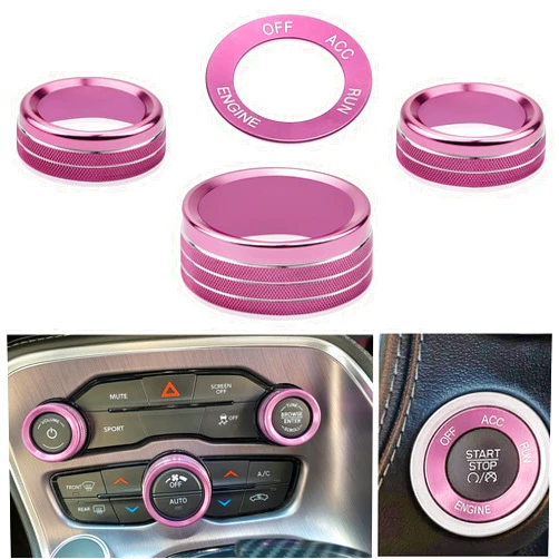 Kujunpao Climate Volume Auto Knobs Ring Center Console Knob Engine Start Stop Sticker Compatible with Challenger/Charger/Chrysler 2015-2019 4pcs(Pink)
