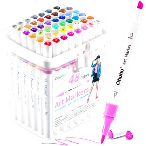 Ohuhu Markers: 48-Color Double Tipped Brush & Chisel Alcohol Markers for Adults Coloring Illustration, Alcohol-based Art Marker Set with Unique Designed Grip, Great Value Pack for Beginners