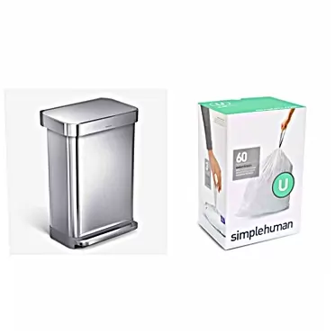 simplehuman 55 Liter Rectangular Hands-Free Kitchen Step Trash Can with Soft-Close Lid, Brushed Stainless Steel & Code U Custom Fit Drawstring Trash Bags, 60 Liners, White Trash Can + Trash Bags 55 Liter Brushed Stainless Steel