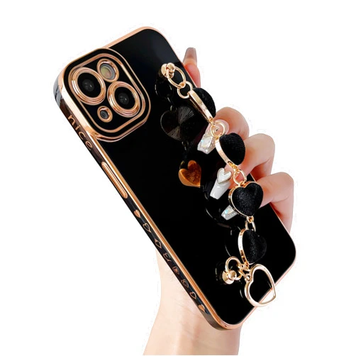 Caseative for iPhone 12 Pro Max Case,Cute Plating Love Heart Wrist Strap Chain Bracelet Soft Compatible with iPhone Case for Women Girls (Black,iPhone 12 Pro Max)
