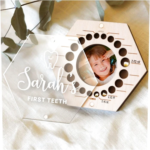 L-site Personalized Baby Teeth Keepsake Box - Custom Wooden Tooth Storage Girl Boy - Baby First Haircut Souvenir - Holder Organizer