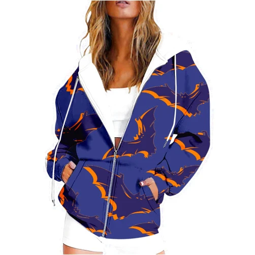BeyXokBey Womens Halloween Full Zip Hoodies Funny Print Drawstring Long Sleeve Sweatshirts Winter Horror Warm Pockets Jackets