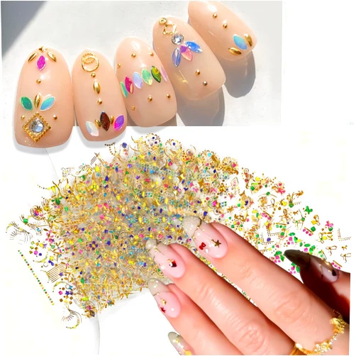 KEHKFSEF 20 Sheets 3D Nail Art Stickers Gold Colorful Diamond Design Luxury Self-Adhesive Nail Decals Metallic Chains Star Moon Geometry Line Triangle Nail Design for Women Nail Decoration Nail Accessories