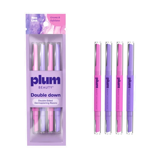 Plum Beauty Double-Sided Dermaplaning Razors (4-Pack) – Dual-Blade Facial Razors for Women - Precision & Large Blades for Brows, Upper Lip, & Cheeks - Peach Fuzz Remover & Exfoliating Face Tool