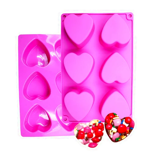 BAKER DEPOT 6 Holes Heart Shaped Silicone Mold For Chocolate Cake Jelly Pudding Handmade Soap Mould Candy Making Set of 2