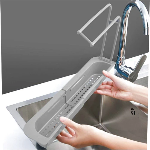 HUIJIEUS Telescopic Kitchen Sink Sponge Holder Adjustable Drainer Sink Tray Sponge Soap Holder Sink Rack Basket with Towel Bar Ventilated Drain for Home Kitchen