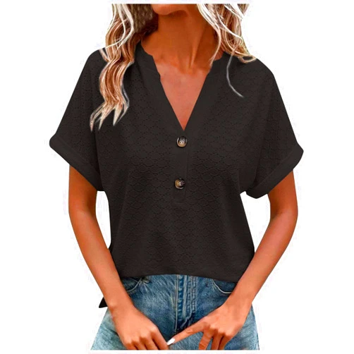 Generic T Shirt for Women Casual Summer Short Sleeve Solid Shirts V Neck Button Blouses Loose Lace Printed Graphic Tees
