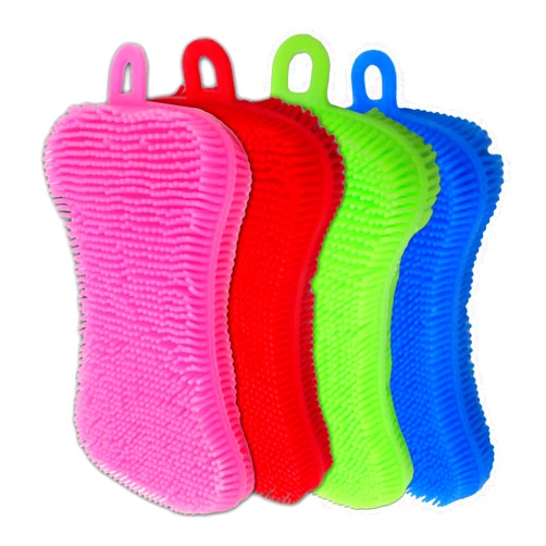 Gadgetime USA Silicone Dish Sponge - Dishwashing Kitchen Scrubber - Double Sided Sponge Brush - Multipurpose & Reusable Silicone Dish Sponges for Dishes, Fruits & Vegetables Cleaning - Multicolor (4 Pack)