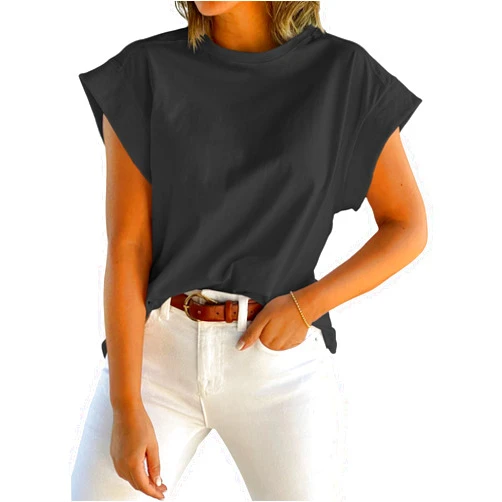 Tankaneo Womens Summer Cap Sleeve Tank Top Crew Neck Solid Casual Loose Fit Basic Tee Shirt
