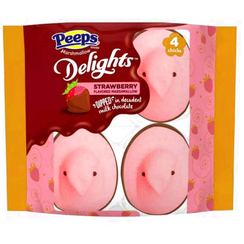Glufreats PEEPS Easter Chocolate Covered Strawberry Flavored Marshmallows Delights Chicks, 4 Count 1.98 OZ, Perfect for Easter Basket Stuffer, A Sweet Treat for Kids and Families.