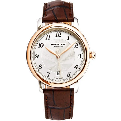 MONTBLANC Star Mens 18K Rose Gold Stainless Steel Automatic Luxury Watch - 39mm Silver Face with Second Hand, Date and Sapphire Crystal - Brown Leather Strap Swiss Made Classic Watch for Men 117577