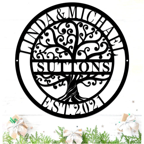 ONGNOU Personalized Last Name Metal Signs Personalized Tree of Life Sign Metal Wall Art Split Personalized Established Sign Initial Split Monogram Custom Name Sign Family Name Sign Outdoor Metal Sign