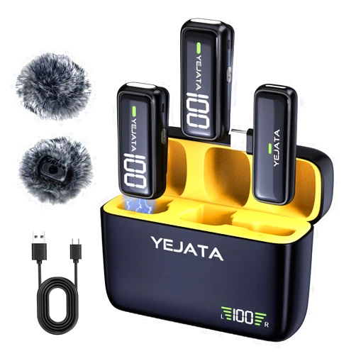 YEJATA Wireless Microphone for Phone with Transmitter Digital Display and 40 Hours Charging Case, Wireless Lavalier Microphone with USB Type C Port for Video Recording - Set of 2