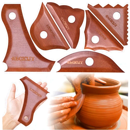 Alckijy Pottery Ribs 6 Pack | Pottery Trimming Textured Art Tools | Pottery Foot Shaper Prep Tools | Plaster Sculpting Rib Membrane Removal Tool | for Carving Clay Molds Ceramics | Solid Beech Wood