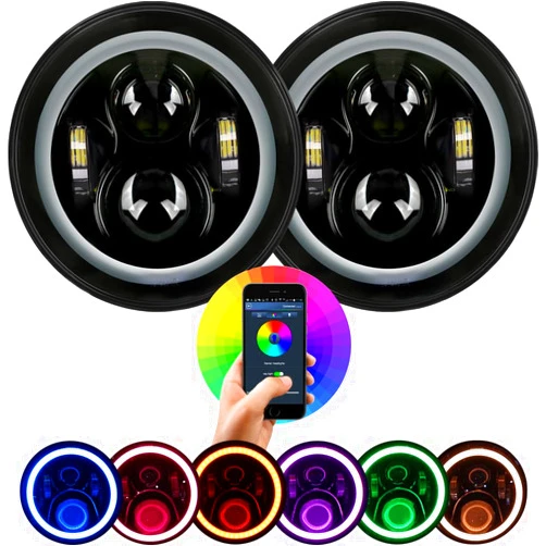 Aukmak Upgraded 7 Inch LED Headlights RGB Halos Compatible with Jeep Wrangler Headlights JK TJ for Chevy for Miata Colorful Halo APP and Remote Controller