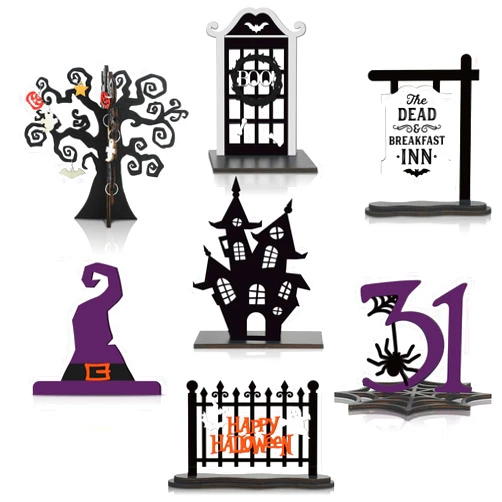 Soaoo 7 Pcs 3D Halloween Wood Decor Tiered Tray Wooden Decor Wood Rustic Ghost Decorations Freestanding Spooky Theme Wooden Signs for Home Table Shelf Party Display Centerpieces Photo Prop