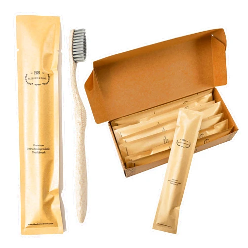 Bleeker and Rowe Biodegradable Eco-Friendly Toothbrushes - Individually Sealed - BPA Free Soft Bristles - Sustainable - Recycled Packaging (Pack of 100)