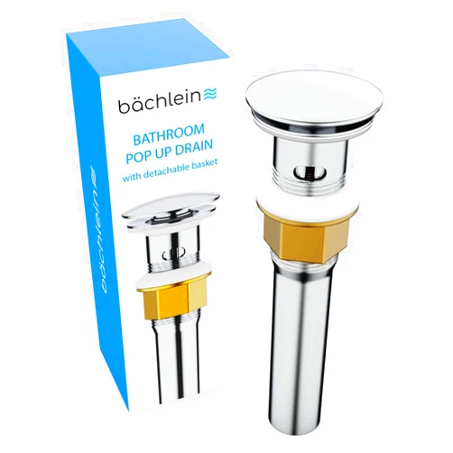 Bächlein Bathroom Sink Drain with Overflow - Sink Stopper with Pop Up Function - Chrome Pop Up Bathroom Sink Drain incl. 3 Extra Seals and Installation Manual - German Brand