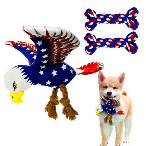 Hlimior 3 pcs Independence Day Pet Squeaky Toys, Dog Squeaky Toys 4th of July Puppy Dog Toy Independence Day Pet Plush Bald Eagle Toy with Crumpled Paper Squeaky Dog Interactive Toy for Small Medium Dogs.