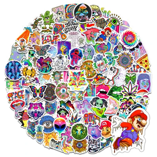 Baslaky Trippy Stickers - 100pcs, Psychedelic Vinyl Waterproof Decals for Adults, Cool Hippie Decor for Laptops, Water Bottles, Skateboards, Cars