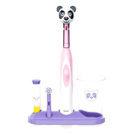 Beurer TB10 Kids Electric Toothbrush Kit - Fun Polly The Panda Cap with 2 Extra-Soft Brush Heads to Help Remove Plaque, 2 Minute Timer, and Rinse Cup, BPA-Free, Safe for Ages 3+