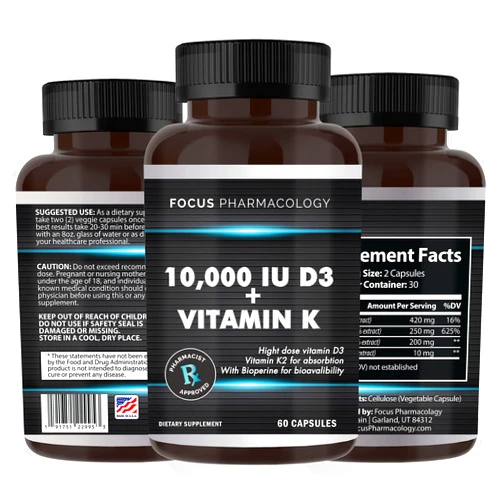 Focus Pharmacology Vitamin K2 with D3 Extra Strength Supplement Bone | Heart Health Non-GMO Formula 10,000 IU Vitamin D3 & 200 mcg Vitamin K2 (MK7) | Easy to Swallow Vitamin K & D, 60 Capsules