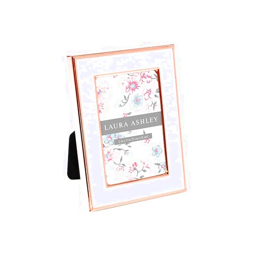 Laura Ashley 2x3 White Enamel Picture Frame, Rose Gold Metal Edge with Easel, for Countertop, Counterspace, Tabletop Display, Bookshelf, Desk, Wall Décor, Photo Gallery (2x3, White W/Rose Gold)
