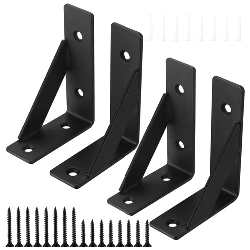 Qiwuhai 4 Pcs Heavy Duty Shelf Brackets, Shelf Support Brackets, 90° Triangle Angle Brackets for Shelves, Floating Shelf L Brackets, Fireplace Mantel Brackets - Black, (3.9x2.9x1.18