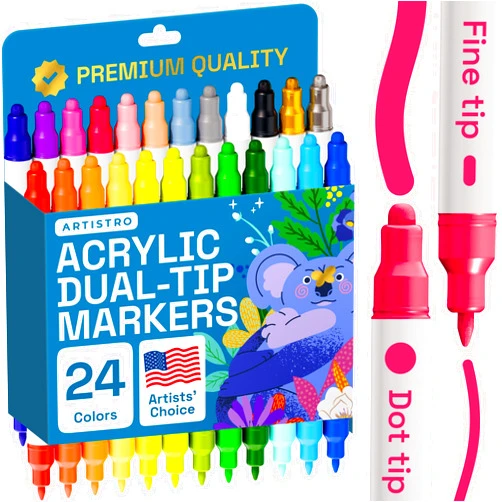 ARTISTRO 24 Dual Tip Acrylic Paint Markers, Acrylic Paint Pens, Fabric Markers for Textile, Rock, Glass, Wood, Paper, Ceramic, Canvas DIY Art Supplies Kit for Kids and Adults (Dual Tip Dot + Fine, 24)