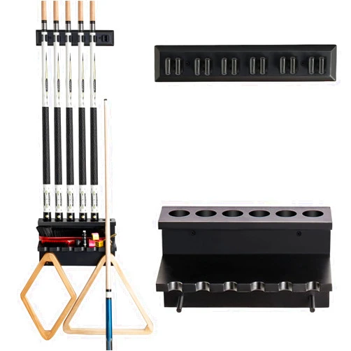 EXTCCT Wall Mount Pool Stick Holder - Billiards Pool Cue Rack Hardwood Pool Cue Set Holder for 6 Cues Sticks Storage Pool Table Accessories Equipment Organizer
