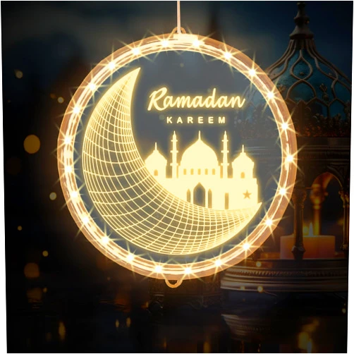 Threetols 3D Eid Ramadan LED Lights, Ramadan Kareem Lights Islam Mubarak Decor Window Warm Lights Decorations Eid Mubarak Lights Moon and Castle Hanging Lights for Outdoor Indoor Bedroom Party Decor
