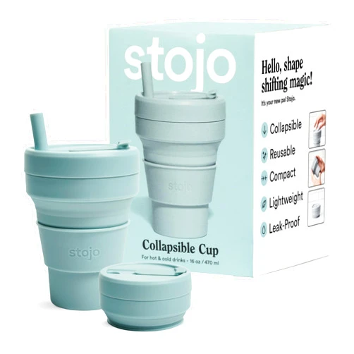 STOJO Collapsible Travel Cup With Straw - Aquamarine, 16oz / 470ml - Reusable To-Go Pocket Size Silicone Cup for Hot and Cold Drinks - Perfect for Camping and Hiking - Microwave & Dishwasher Safe