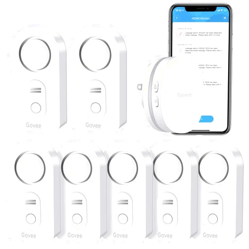 Govee Water Detectors 7 Pack Sensor with 100dB Adjustable Audio Alarm Bundle with Govee WiFi Smart Gateway with Alert Email & APP Push for Home Bedrooms