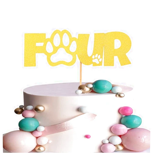 LeeLeeAn Gold Paw 4th Cake Topper - Gold Glitter Four Years Old Birthday Dog Paw Cake Decoration, Cheers to 4th Birthday Party Decoration Supplies, Puppy Theme Party Cake Topper