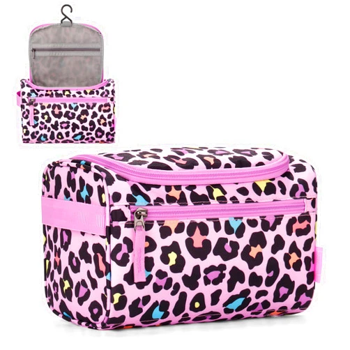Choco Mocha Kids Toiletry Bag for Girls, Travel Waterproof Hanging Toiletry Bag for Girls, Cheetah, Pink