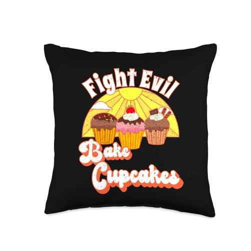 Fight Evil Make Baked Goods Happy Bread Baking Co. Fight Evil Bake Cupcakes Happy Hero Pastry Bread Baker Throw Pillow, 16x16, Multicolor