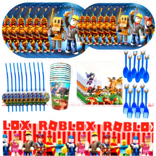 CXBFE Roo-bloxs Birthday Decorations, Video Game Flatware, Plates, Fork, Spoons, Paper cups, Straws, Napkins, Tablecloth Party Supplies Shower Birthday Party Favors.