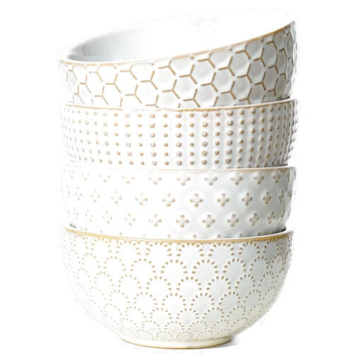 LE TAUCI Cereal bowls 26 oz, Ceramic Soup Bowl for Kitchen, Embossment Stoneware Bowl for Pho, Chip, Fruits, Salad, Noodle, Ramen, Suit For Housewarming - 6 Inch, Set of 4, Arctic white