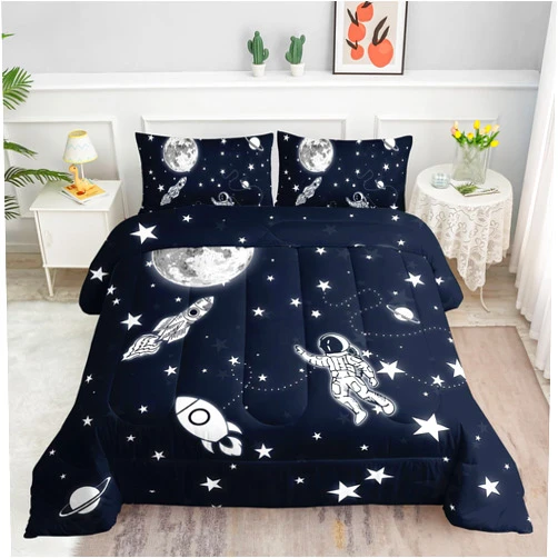 Smell Sunshine Astronaut Space Rocket Comforter Set 3D Space Printed Bedding Set with 1 Comforter and 2 Pillowcases for Boys and Girls Bedroom All Season(Space Twin)