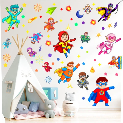 Generic WallWhim Superhero Stickers Wall Decals, Cartoon Character Stars Stickers for Kids Boys Girls, 6 Sheets 172 Pcs UV PVC DIY Removable Stickers for Nursery, Bedroom, Classroom Decor