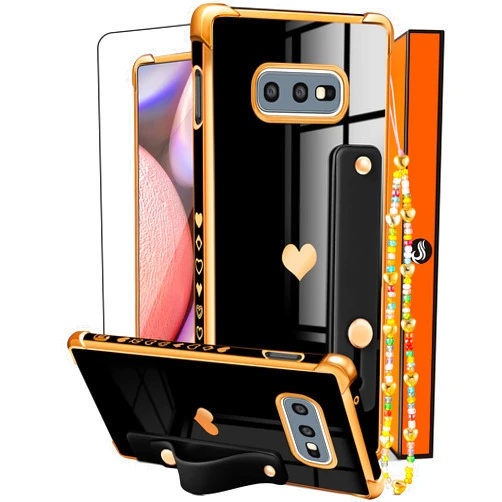 Likiyami (3in1 for Samsung Galaxy S10E Case Heart for Women Girls Girly Cute Luxury Pretty Aesthetic with Stand Phone Cases Black and Gold Love Hearts Trendy Cover+Screen+Chain for Galaxy S10E 5.8