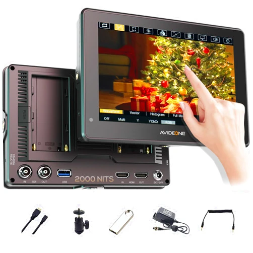 AVIDEONE 7“ On-Camera Field Monitor 2000Nits High Brightness with 4K HDMI & 3G-SDI Prots, DSLR Video Touch Screen Monitor 1920x1200 3D-LUT HDR Waveform HW7
