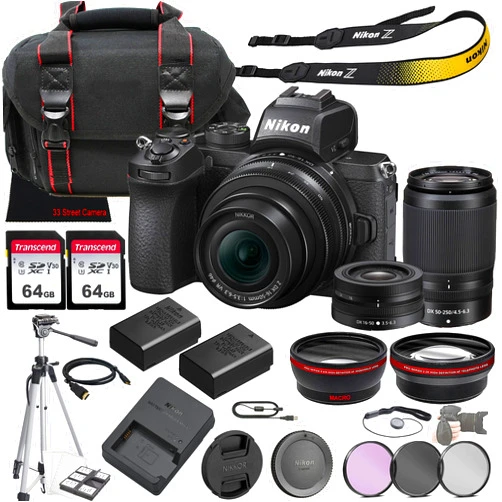 Nikon Z50 Mirrorless Camera w/NIKKOR Z DX 16-50mm f/3.5-6.3 VR Lens + NIKKOR Z DX 50-250mm f/4.5-6.3 VR Lens + 128GB Memory + Case + Tripod + 3 Piece Filter Kit + More (35pc Bundle) (Renewed)